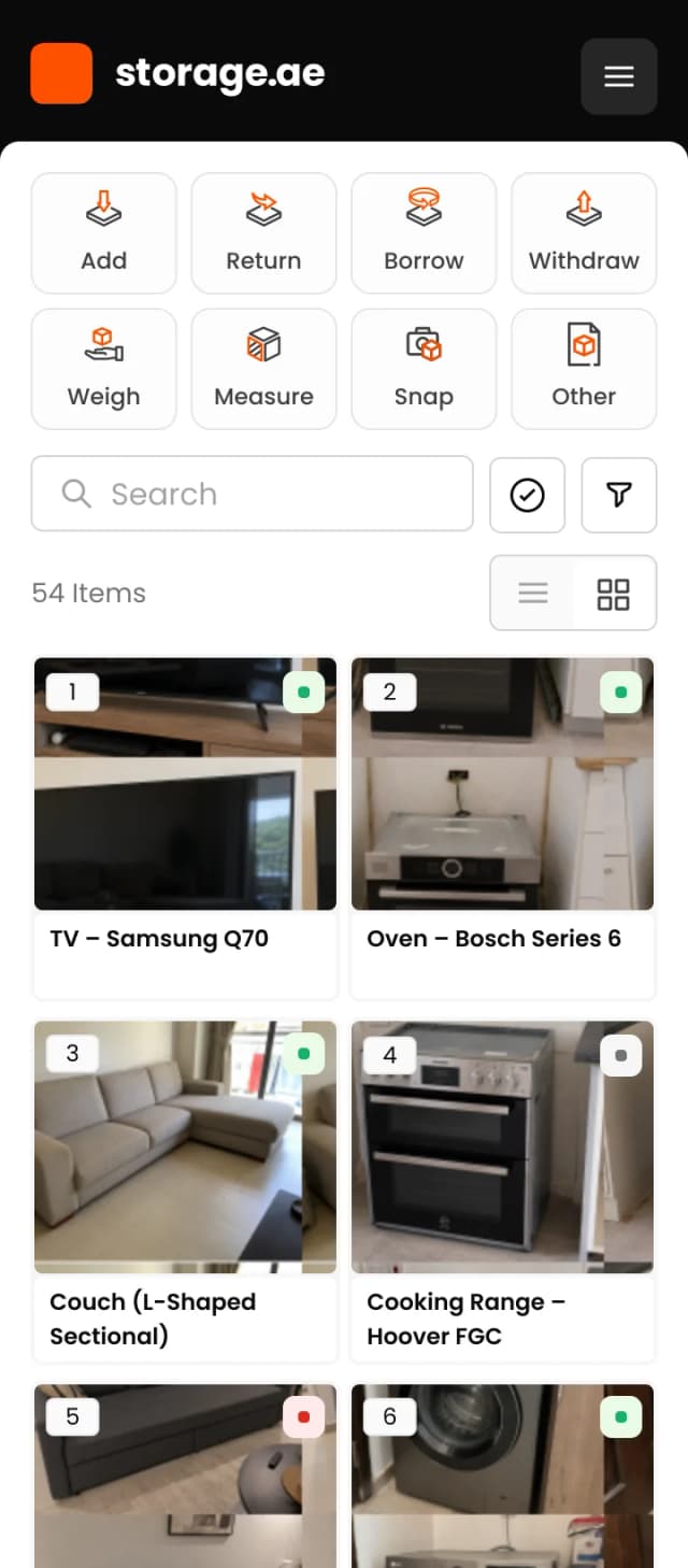 storage.ae app photo grid view of stored items