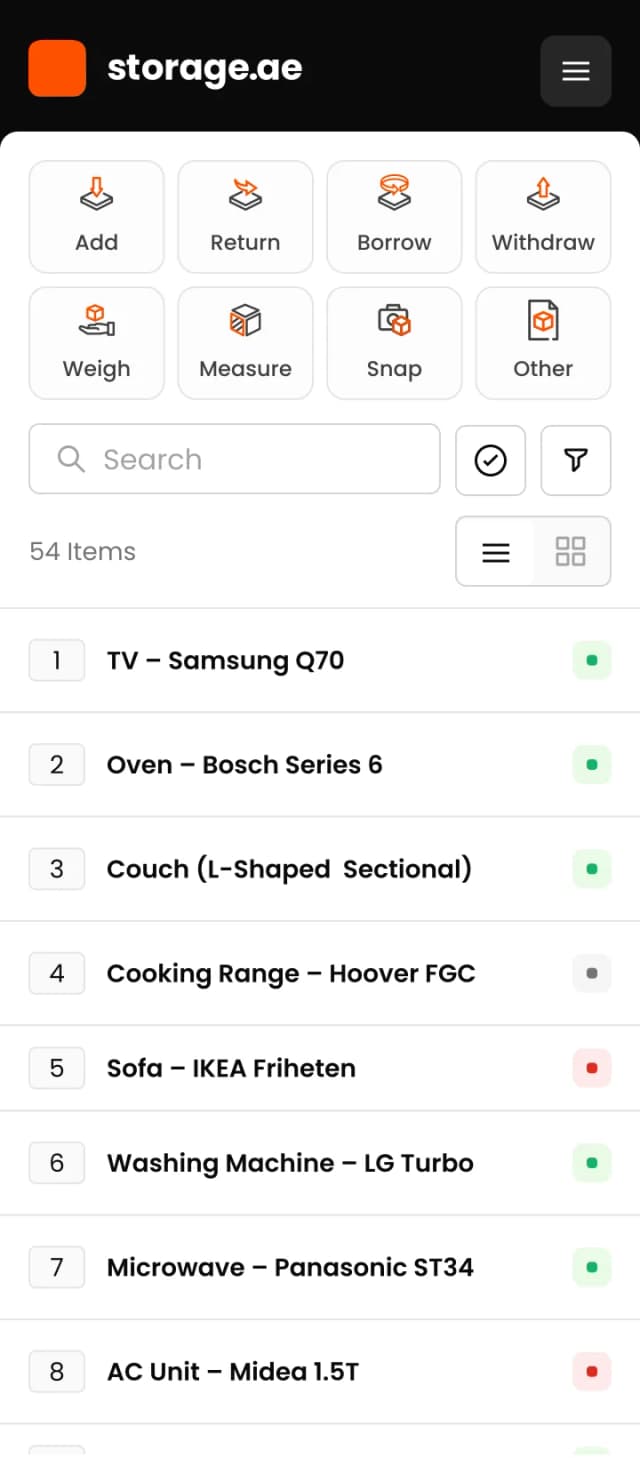 storage.ae app item list view showing 54 stored items
