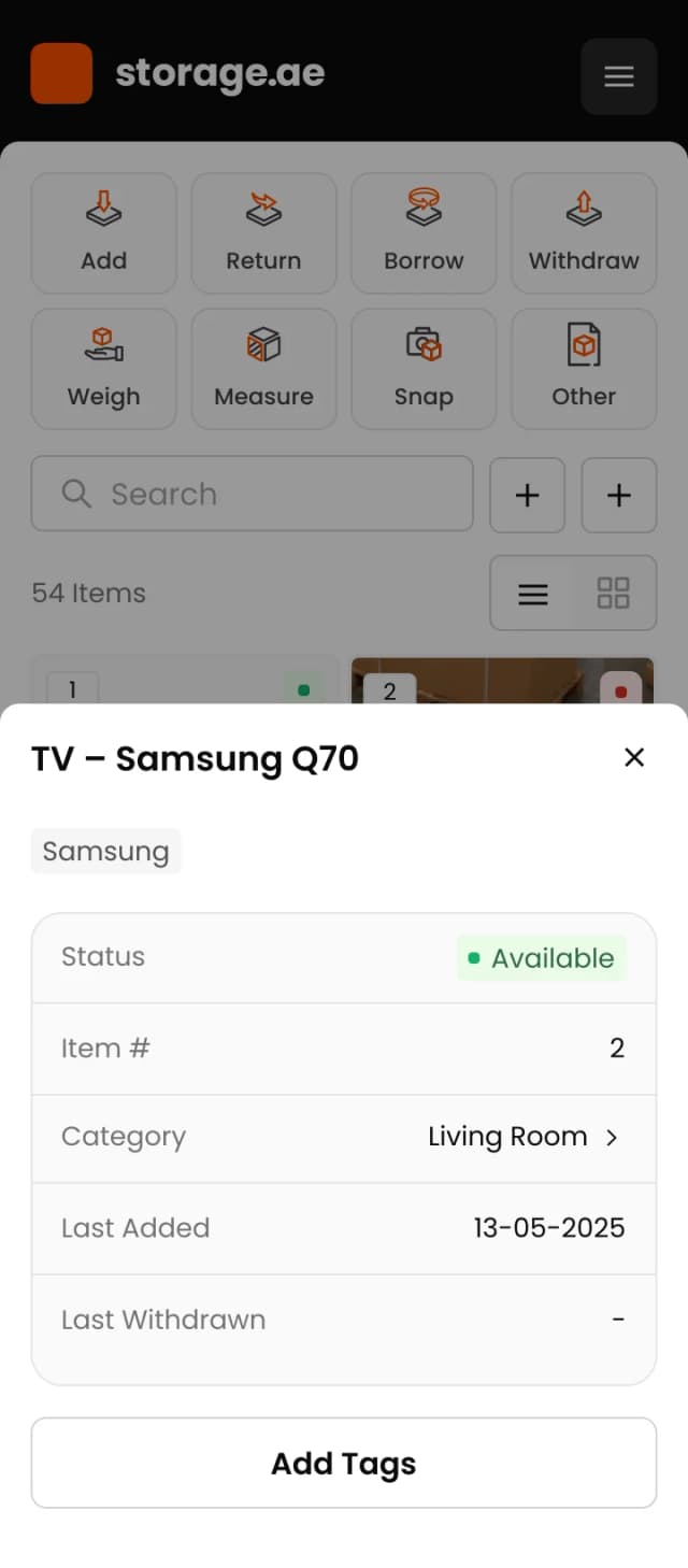 storage.ae app item detail view with status and category