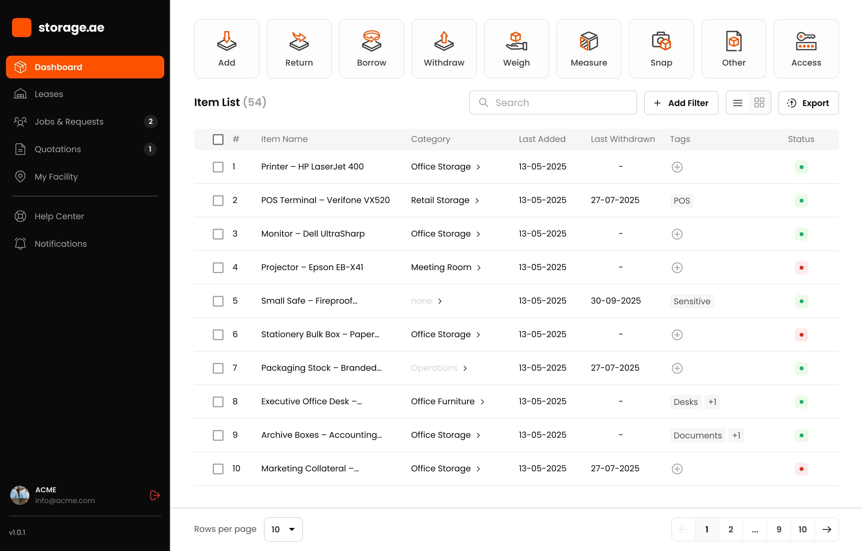 Storage dashboard